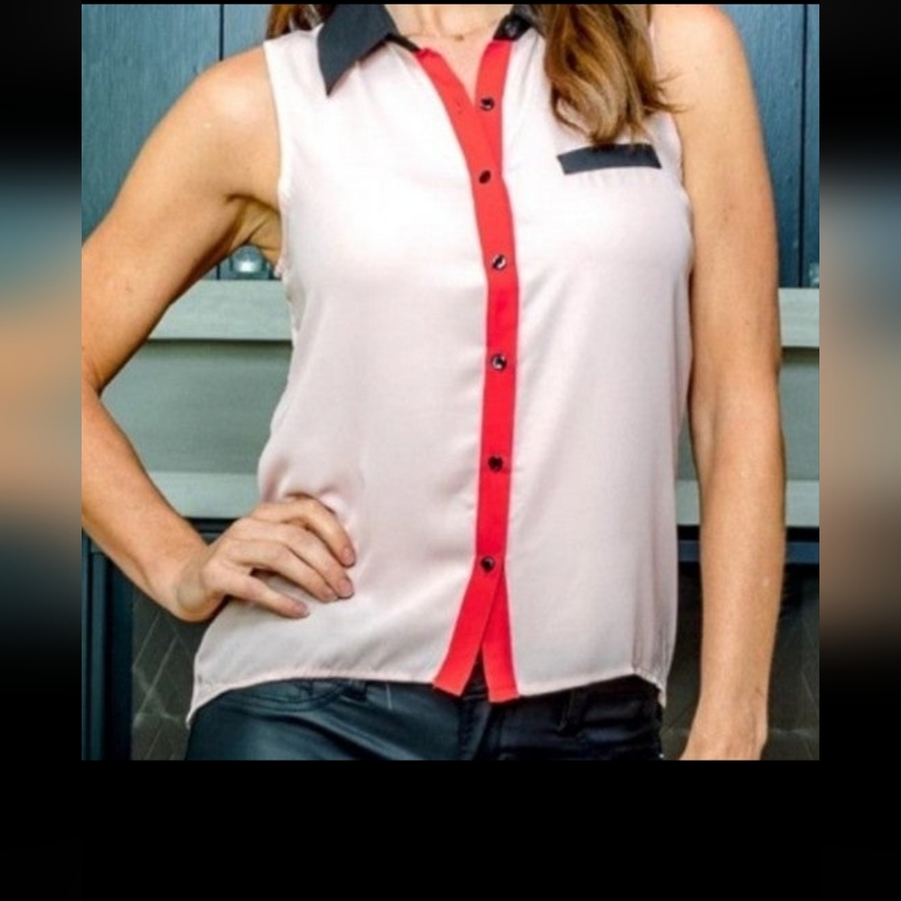 Color Block Chiffon Sleeveless Button Down Top With Dress Shirt Hem